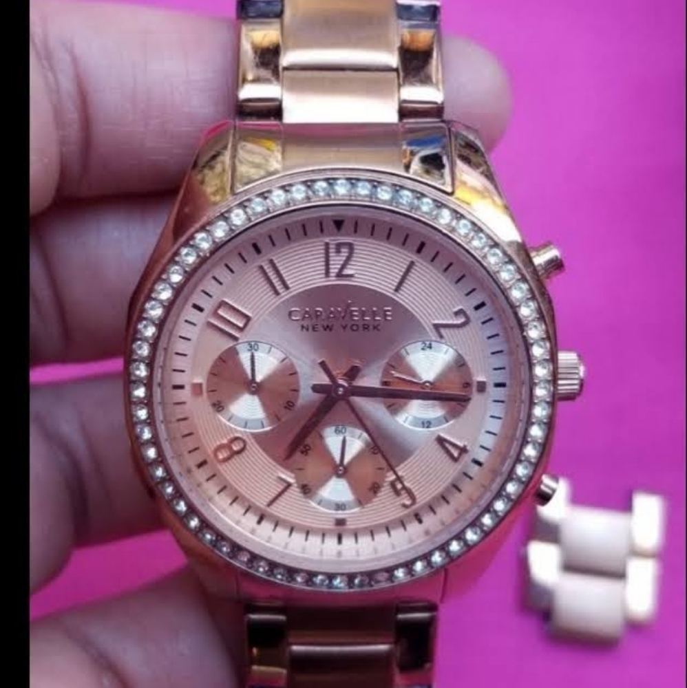 CARVELLE NEW YORK by BULOVA LADIES ROSE GOLD SS ROUND CZ PAVED WATCH IN BOX GUC!